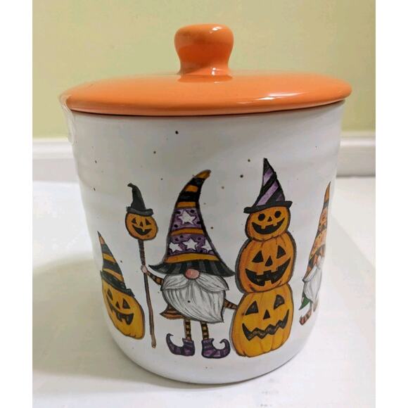 Cobwebs And Cauldrons Canister Jar Cute Gnome Witch Halloween Pumpkins New - Picture 1 of 8